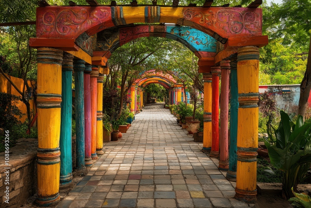Poster a colorful archway with a walkway underneath it