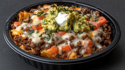 Delicious nachos topped with guacamole, cheese, and beef.