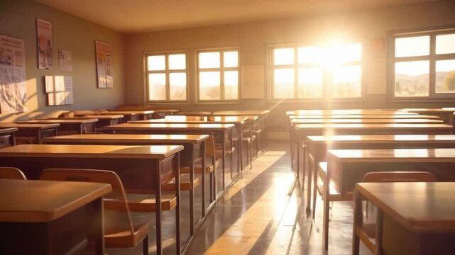Uninhabited classroom in an educational institution bathed in lovely natural sunlight, embodying the essence of schools and scholastic pursuit. Generative AI