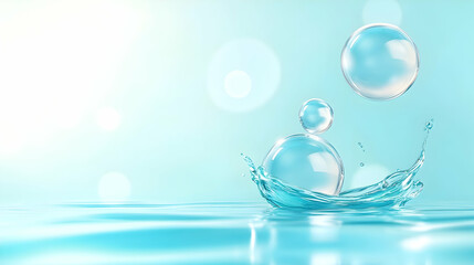Water splash with bubbles on blue background