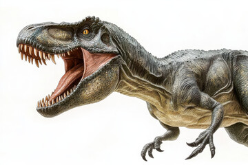 detailed illustration of roaring Tyrannosaurus rex dinosaur, showcasing its powerful jaws and textured skin. This prehistoric creature evokes sense of awe and fascination