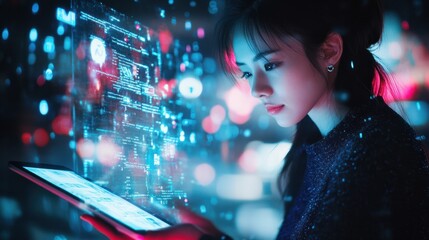 Digital online marketing commerce sale concept. Woman using tablet payments online shopping and icon customer network connection on hologram virtual screen, m-banking and omni channel..