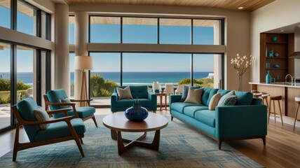 Modern living room with ocean view, teal furniture, and mid-century modern design elements.