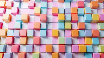 Violet and orange glossy cubes aligned in modern tech background, symmetry, technology, colorful cubes