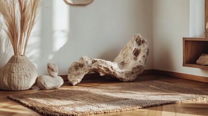 Artistic Space with Unique Sculptures, Cozy Rug on Wooden Floor, Creative Corner Design, Inviting Atmosphere, Aesthetic Home Decor Inspiration
