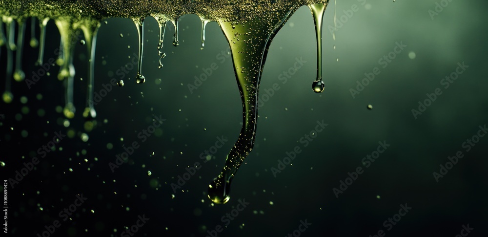 Aufkleber Close-up of green liquid dripping against a blurred background, creating a moody atmosphere.