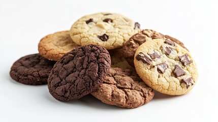 A variety of fresh cookies on a white background, showcasing different shapes and textures. Ideal for dessert-themed designs