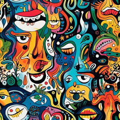 Obraz premium Face art, seamless pattern, the art of colorful faces is limitless