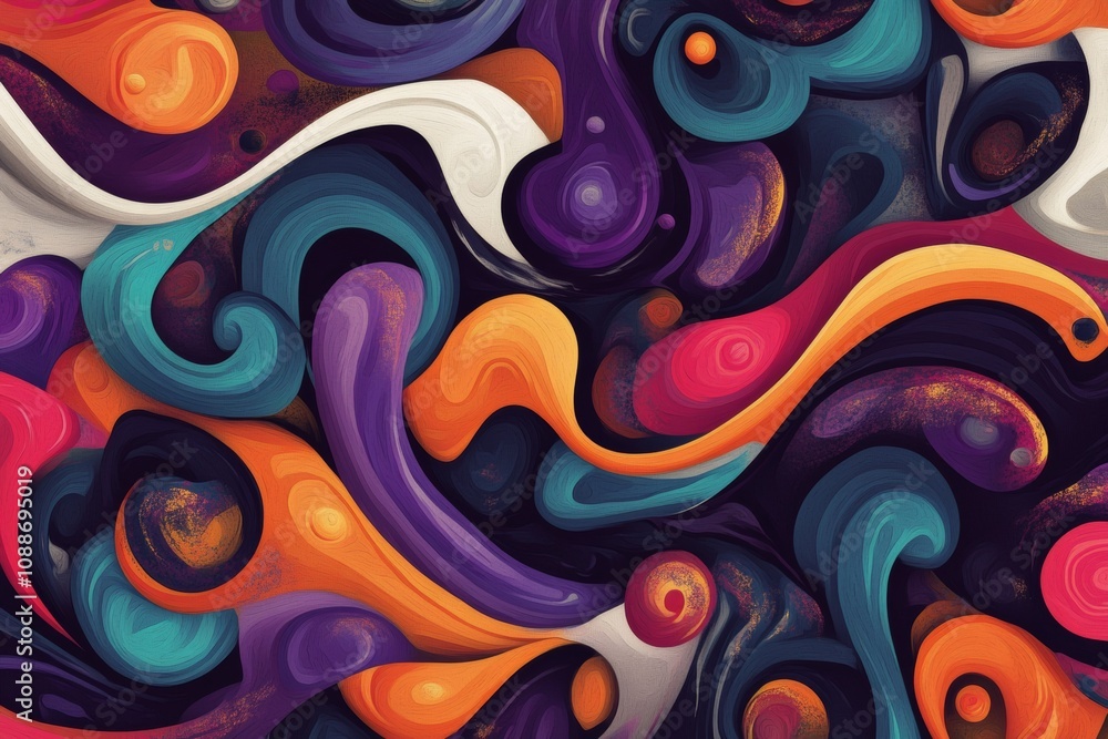 Poster the artwork features a dynamic display of swirling shapes and vibrant colors, creating an engaging c