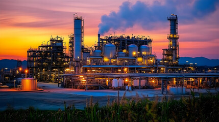Fototapeta premium A view of a large industrial plant at sunset, with smokestacks emitting steam, and the complex network of pipes and tanks illuminated by the setting sun