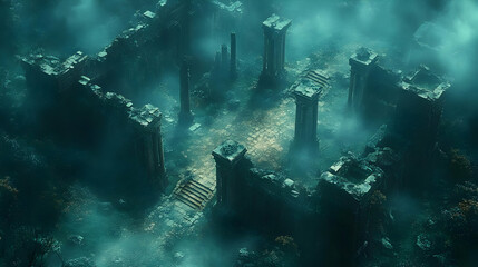 Obraz premium Ancient Ruins: Exploring Mystical Stone Structures in Foggy Forest