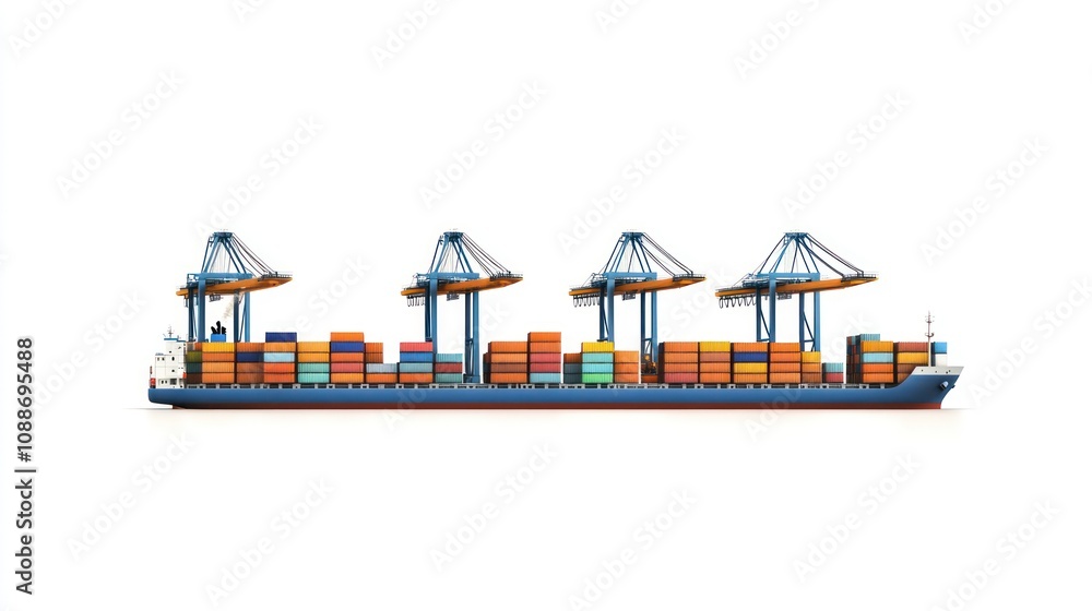 Poster a cargo ship loaded with colorful containers, designed for transporting goods.