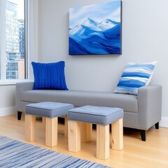 Modern Living Room Decor Blue Sofa Wooden Stools Mountain Art