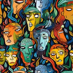 Obraz premium Face art, seamless pattern, the art of colorful faces is limitless