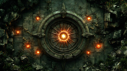 Ancient Stone Portal: Glowing Sun Symbol, Mystical Ruins