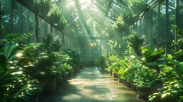 An avant-garde greenhouse with shifting holographic plants and glowing foliage 