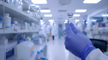 Healthcare professional holding vaccine vial in modern clinic, symbolizing public health efforts and vaccine coverage.