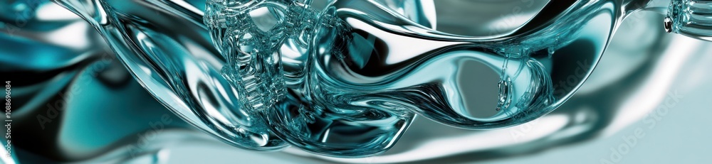 Poster abstract representation of fluid dynamics with bubbles and reflective surfaces.