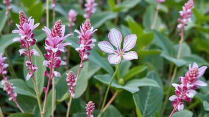 Fototapeta premium Field bindweed flower with candy cane striped stems and leaves in shades of pink and white, floral patterns, rustic landscapes, botanical illustrations