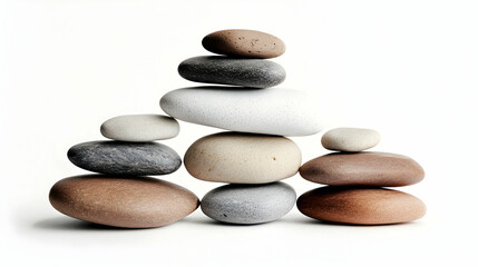 A Balanced Stack of Smooth Stones Arranged in a Pyramid Shape on a White Background, a Symbol of Stability and Harmony