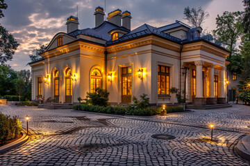 A classic house in soft gold, with a cobblestone driveway and elegant outdoor lighting.