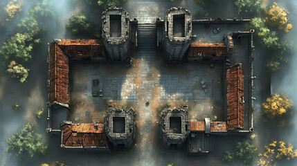 Ancient Fortress Courtyard: Stone Ruins, Misty Woods