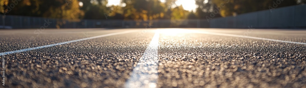 Poster a close-up view of a track surface with a blurred background, highlighting a sports environment.
