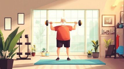 Naklejka premium Active senior workout, elderly man lifting light weights in a cozy home gym, determined and motivated, illustrations.