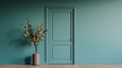 Fototapeta premium Teal Room Interior Door Plant Pot Wood Floor Minimalist Design