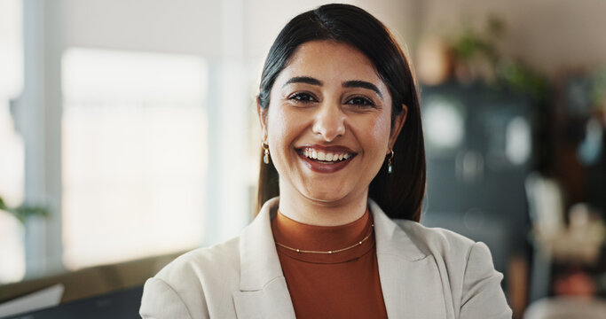 Proud, smile and portrait of woman, office and paralegal for law firm, business and happy. Corporate person, joy and legal assistant in company, expert and technology for professional and confident