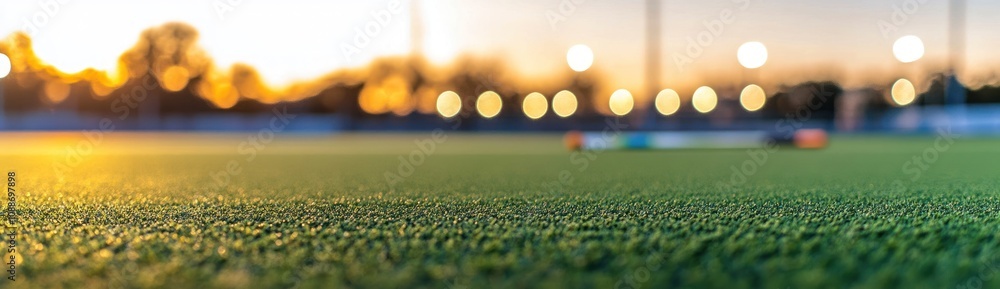 Poster a close-up of a field with a hockey stick and blurred lights in the background.