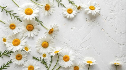 Obraz premium White and yellow daisies arranged in a pattern on a white textured wall, creating a beautiful and harmonious composition, serene atmosphere, natural motifs
