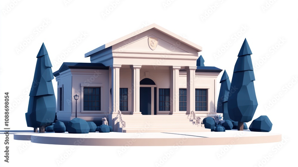 Poster A stylized, minimalist building with columns and surrounding greenery.