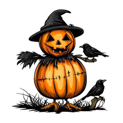 Spooky Halloween Jack-o'-lantern with Crows