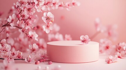 Pink blossom flowers surrounding a pastel pink pedestal.