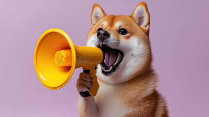Fototapeta premium Japanese dog, Shiba Inu, purple background, megaphone, simple, cute