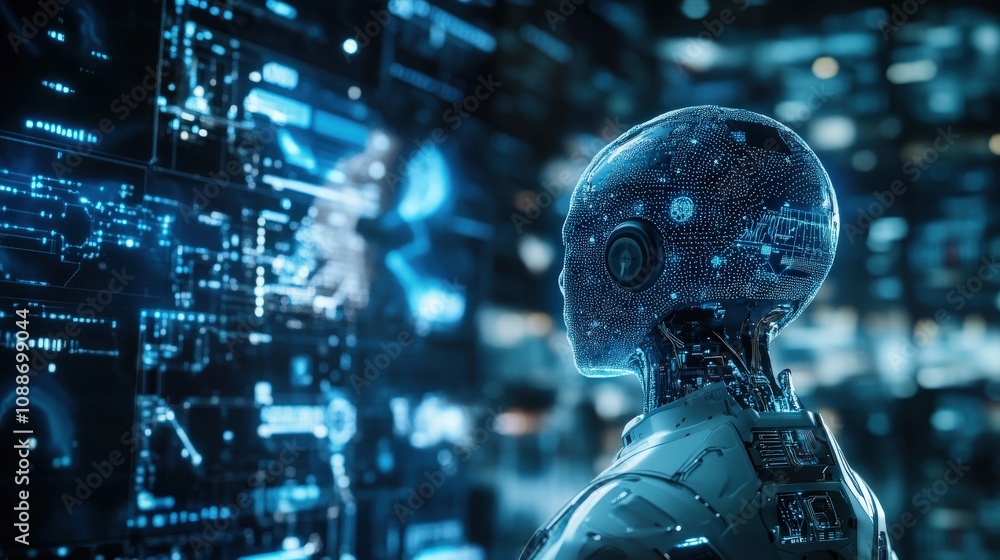 Poster a futuristic robot with a glowing head looking at a screen