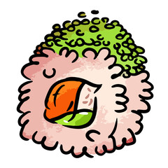 Colorful cartoon sushi with vibrant ingredients showcases a creative culinary art piece and playful design