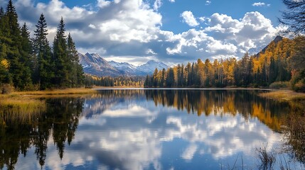 Autumn lake reflection landscape. Serenity, nature, peace.