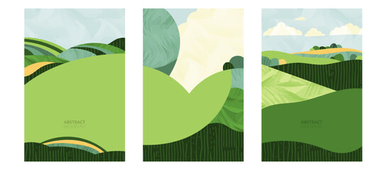 Abstract watercolor illustration of sustainable agriculture, rice, tea, wheat, corn, vineyard, soybean field. Geometric pattern, green grassland, blue sky, mountain, patchwork Vietnam Korea landscape