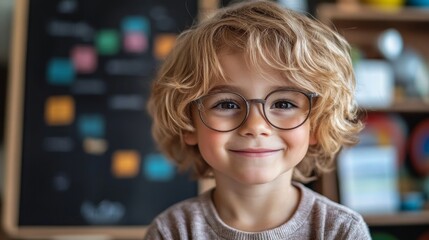 children's financial literacy concept, closeup of little caucasian blonde boy on classroom background, mathematical mindset