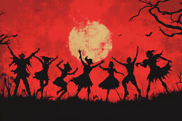 Dancers silhouette against a full moon with a red sky during a Halloween celebration. Generative AI