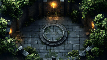 Ancient Stone Courtyard: Overgrown Ruins, Candles Glow, Mystical Ambiance