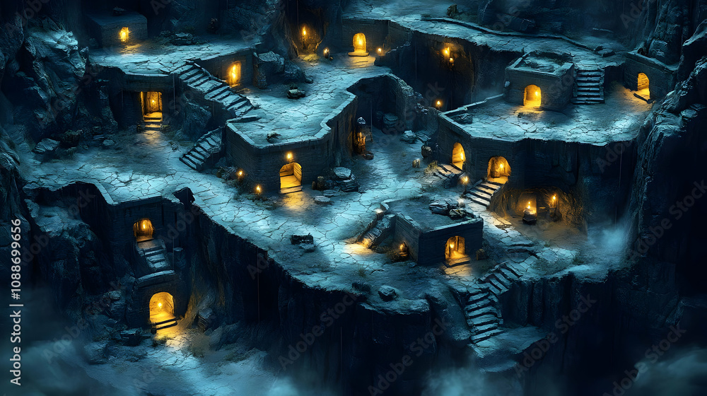 Poster mysterious caves: exploring ancient stone structures with lit paths at night