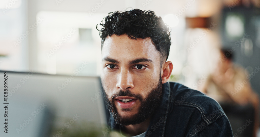 Poster planning, research and computer with business man in office for reading, networking and company news