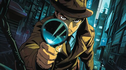A cartoon illustration of a detective in a trench coat and fedora, looking through a magnifying glass.