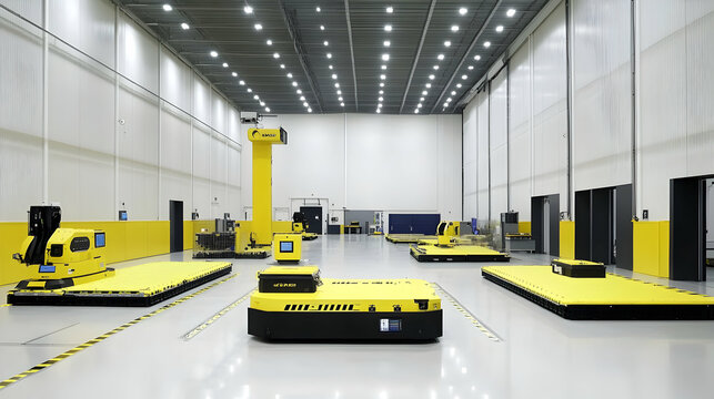 Automated Guided Vehicles Operate in Modern Warehouse Setting, showcasing efficient logistics and innovative technology.
