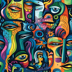 Obraz premium Face art, seamless pattern, the art of colorful faces is limitless