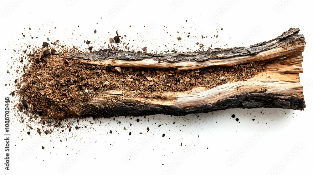 Poster a close-up view of a split log with wood shavings scattered around, isolated on a white background