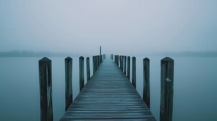 Fototapeta premium Misty walkway at dawn tranquil lake nature photography foggy atmosphere serene viewpoint